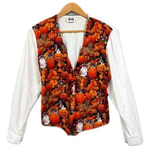 Tapestry Halloween Shirt Womens Small Orange Pumpkin Bear Vintage 90s Cotton Mix